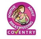Woman breasfeeding child with the words 'Coventry Positive about breastfeeding'.png